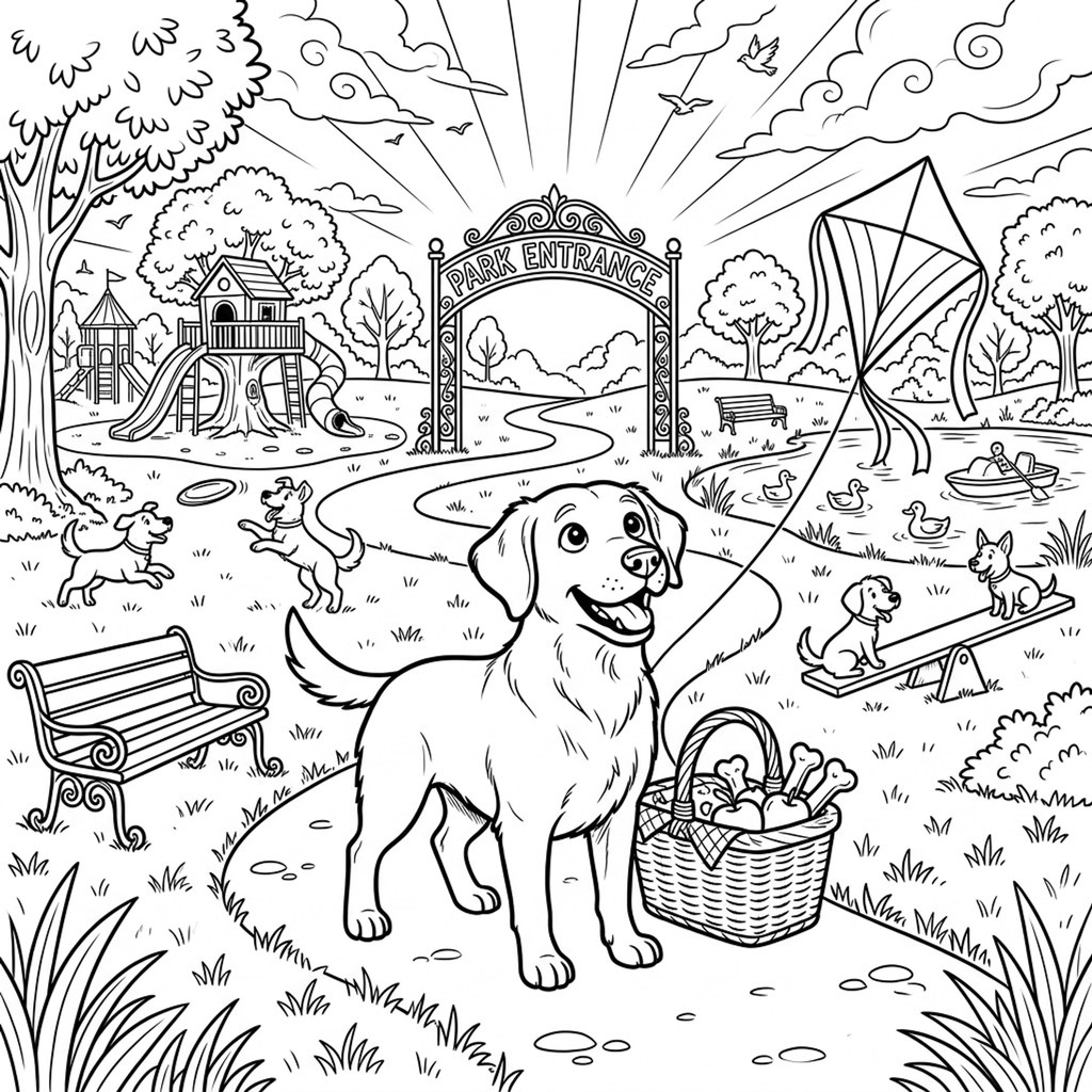 The same dog as a line-art coloring page