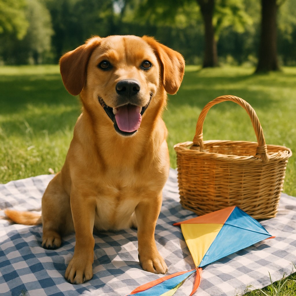 A phone photo of a dog on a picnic blanket